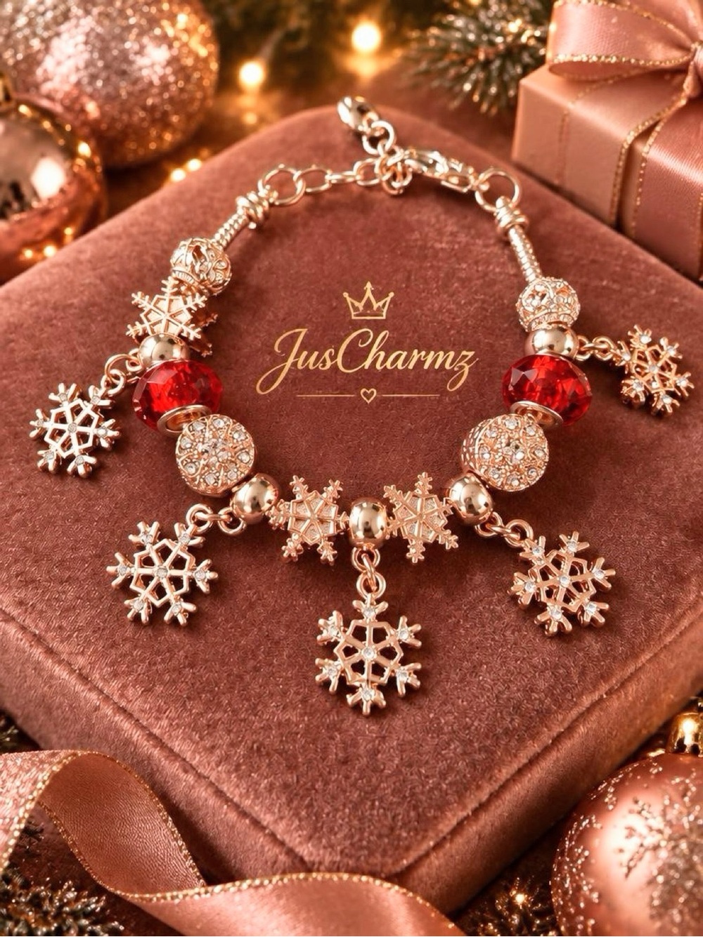 Christmas Rose Gold Snowflake Charm Bracelet